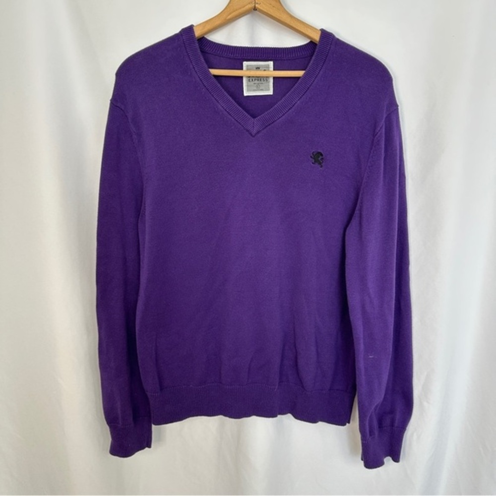 Express Sweater Mens Size Large V-Neck Logo Long‎ Sleeve Pullover Purple Casual